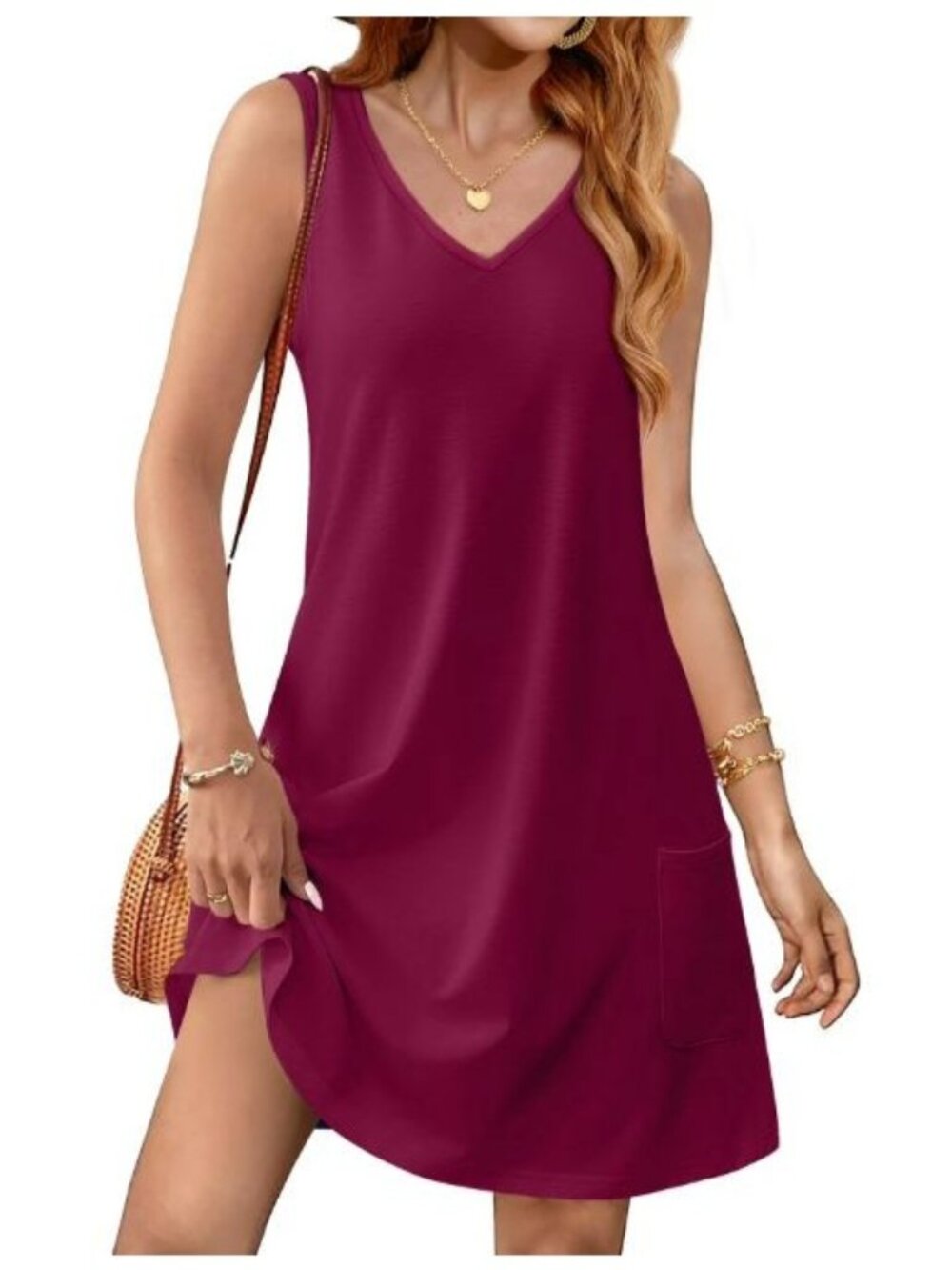 Women’s Large Sleeveless Tunic Dress Burgundy V Neck Pocket Casual